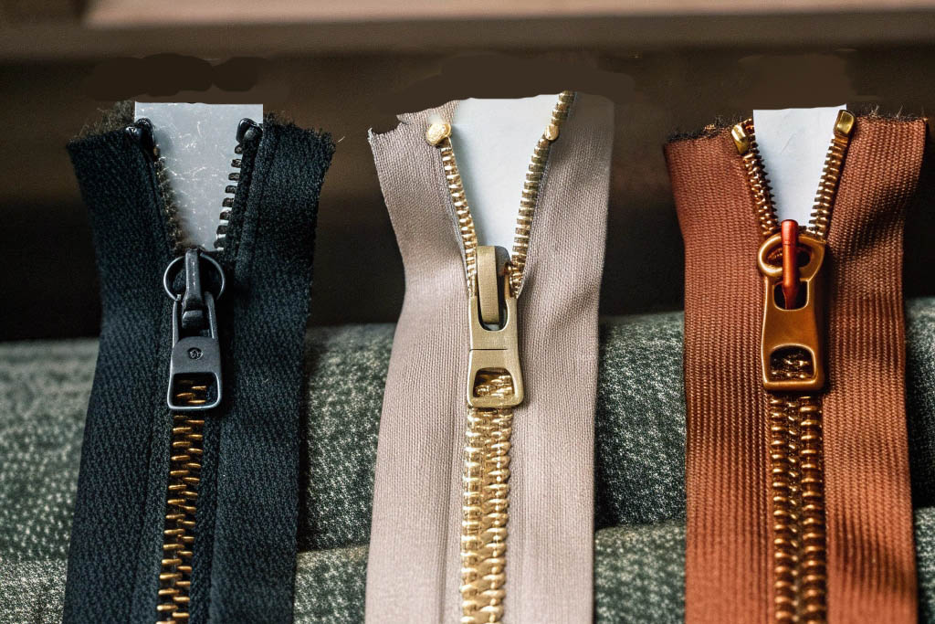 Close-up of three zippers in black, beige, and brown with metal teeth and sliders.
