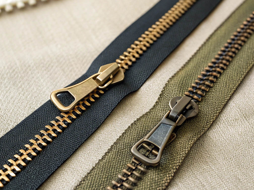 Close-up of two metal zippers, one brass on black and one bronze on green fabric.