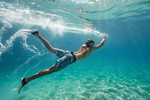 Man swimming underwater in blue patterned swim shorts.