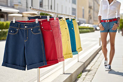 Colorful denim shorts in blue, red, yellow, and teal hanging outdoors.