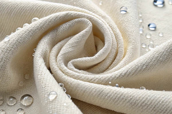 Cream-colored fabric with water droplets beading on the surface, highlighting its water-repellent finish.