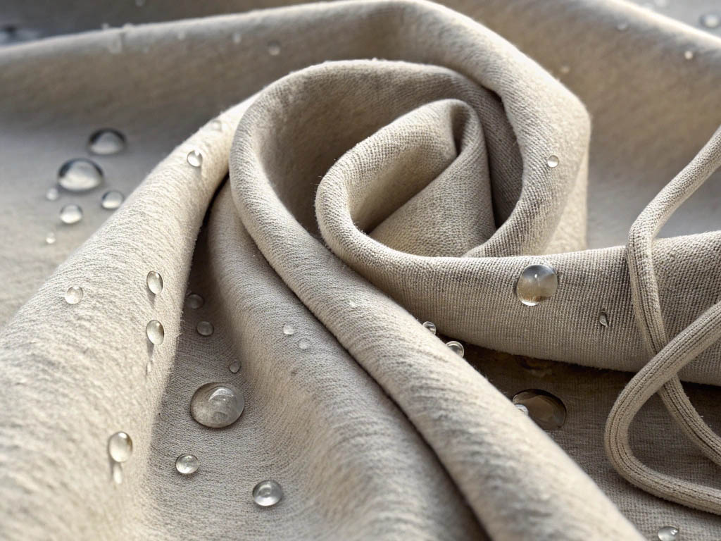 Beige fabric with water droplets on the surface, demonstrating its water-resistant properties.