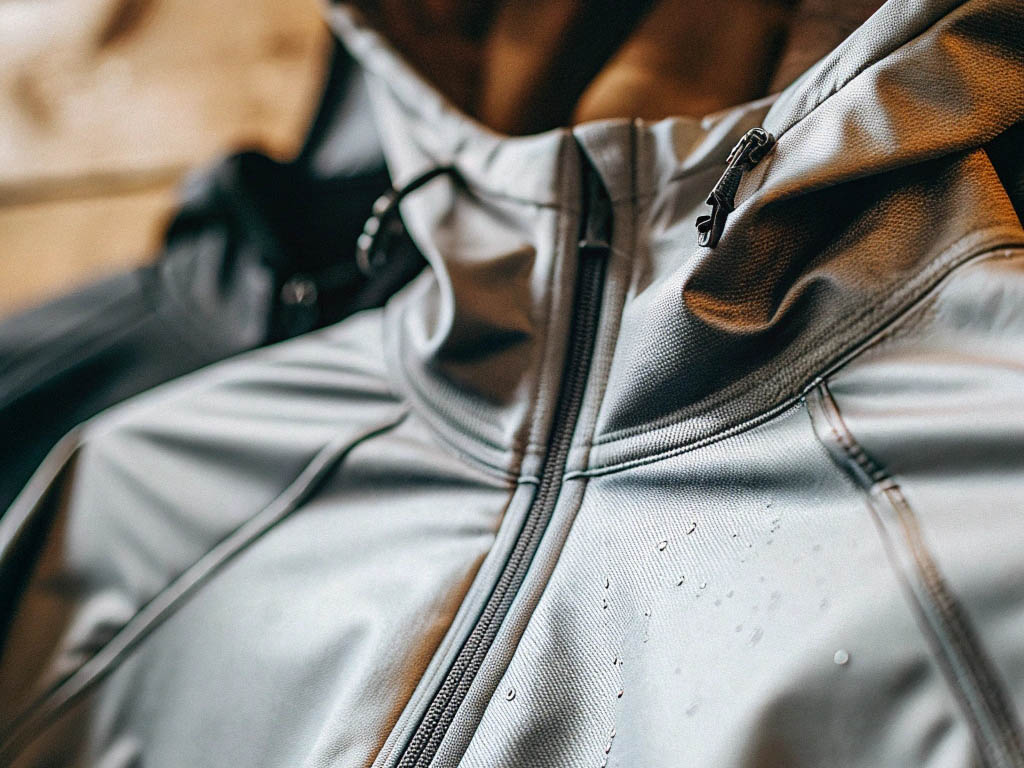 Close-up of a gray water-resistant jacket with zipper details and water droplets on the surface.