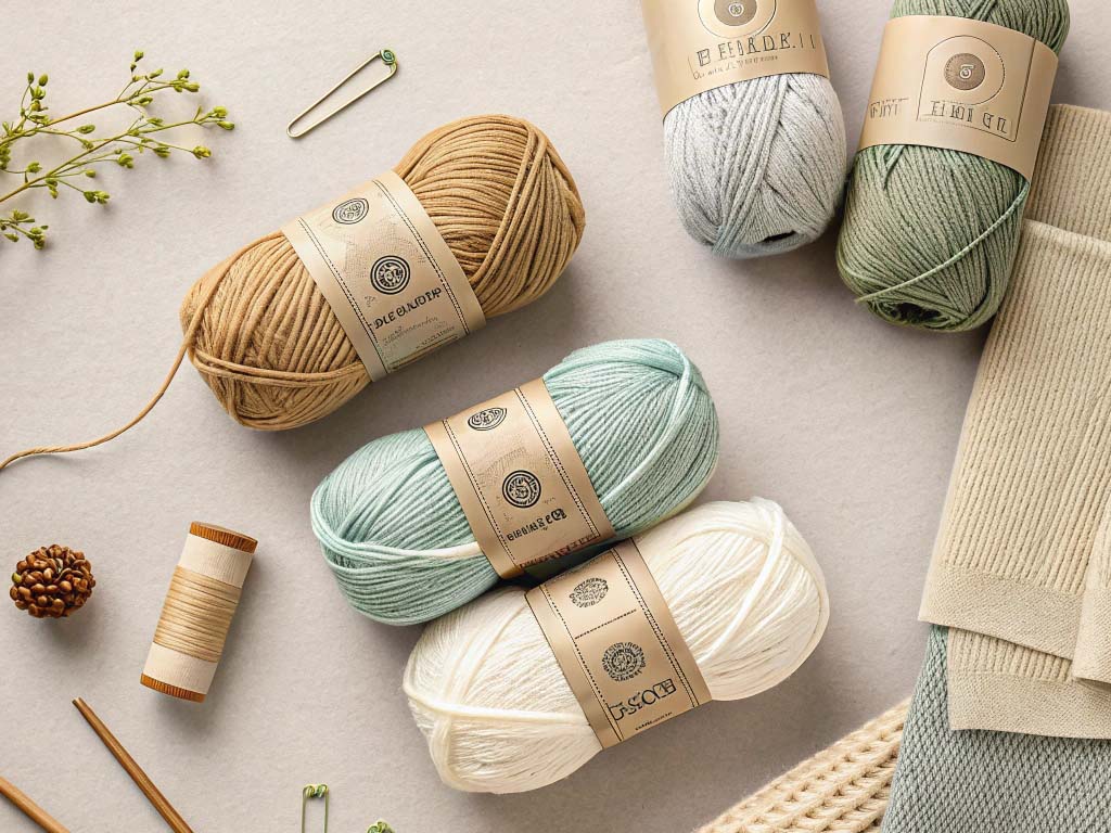 Various skeins of yarn in soft colors with knitting needles, thread spools, and decorative items arranged on a flat surface.