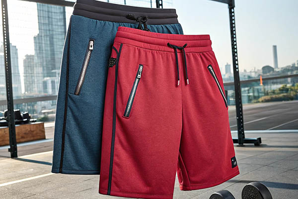 Red and blue athletic shorts with zippered pockets at an outdoor gym.