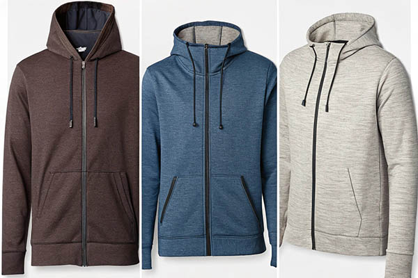 Three zip-up hoodies in brown, blue, and gray with drawstrings and front pockets.