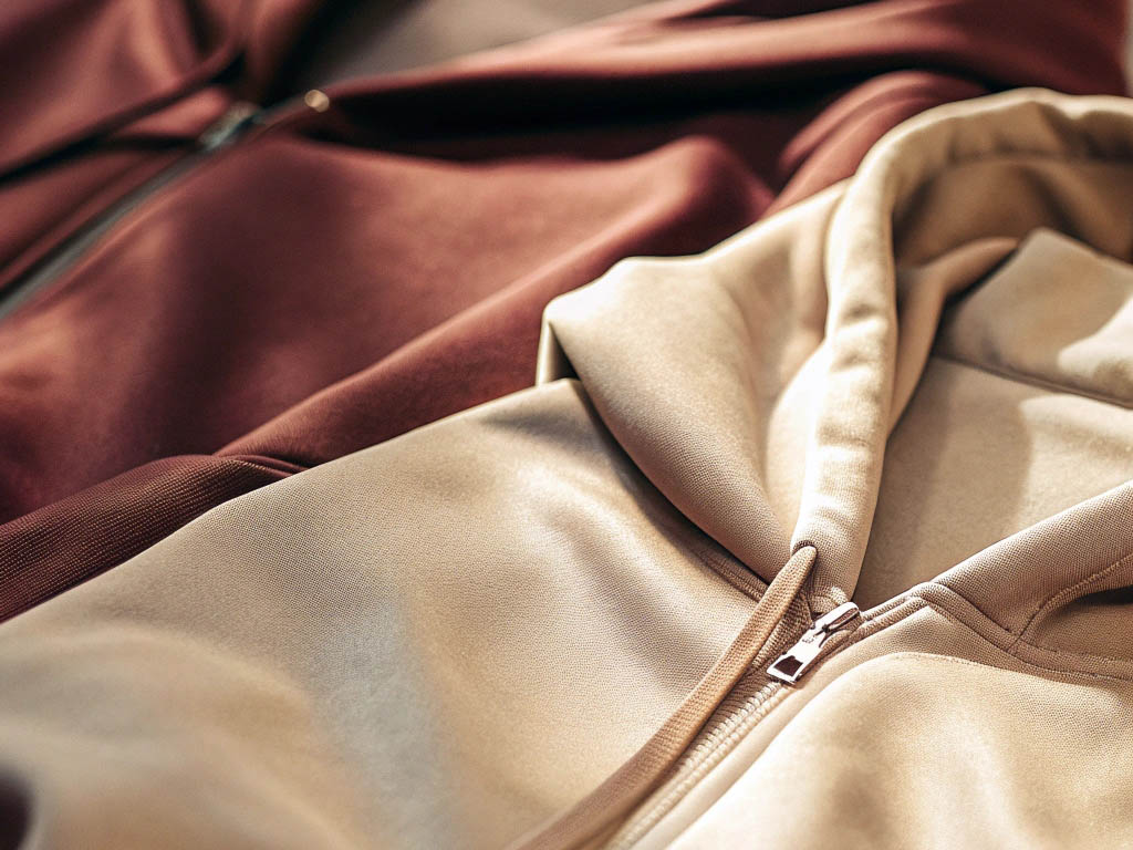 Two zip-up hoodies in beige and brown, made of smooth fabric, illuminated by natural sunlight.