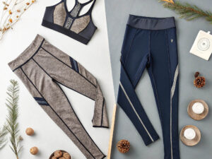 Flat lay of sports bra and leggings sets in gray and navy tones with winter decor.