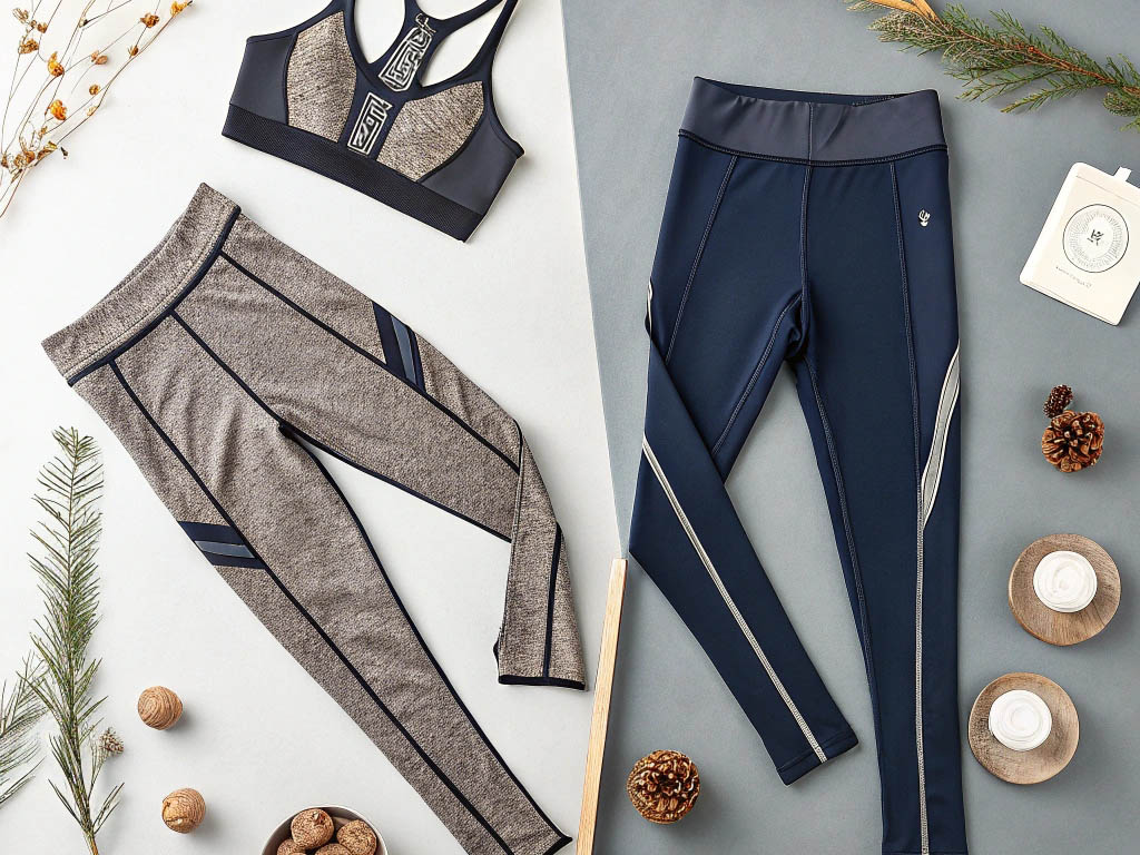 Flat lay of sports bra and leggings sets in gray and navy tones with winter decor.