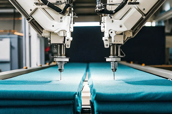 High-precision robotic machines cutting blue fabric in a modern textile manufacturing facility.
