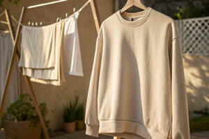 Beige sweatshirt hanging on a hanger outdoors, with laundry drying on a wooden rack in warm sunlight.