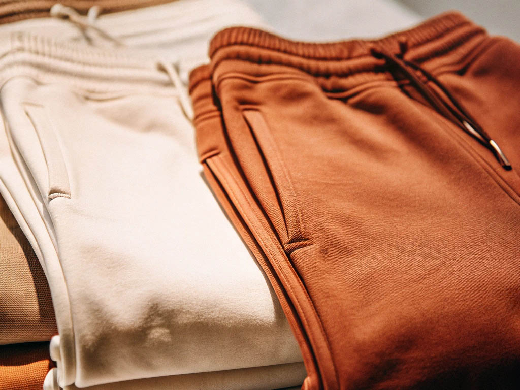 Close-up of neatly folded beige and brown sweatpants with drawstrings, displayed on a clothing store shelf.