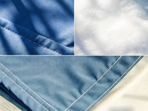 Close-up shots of blue and white fabrics showcasing stitching details, smooth texture, and fine material quality.