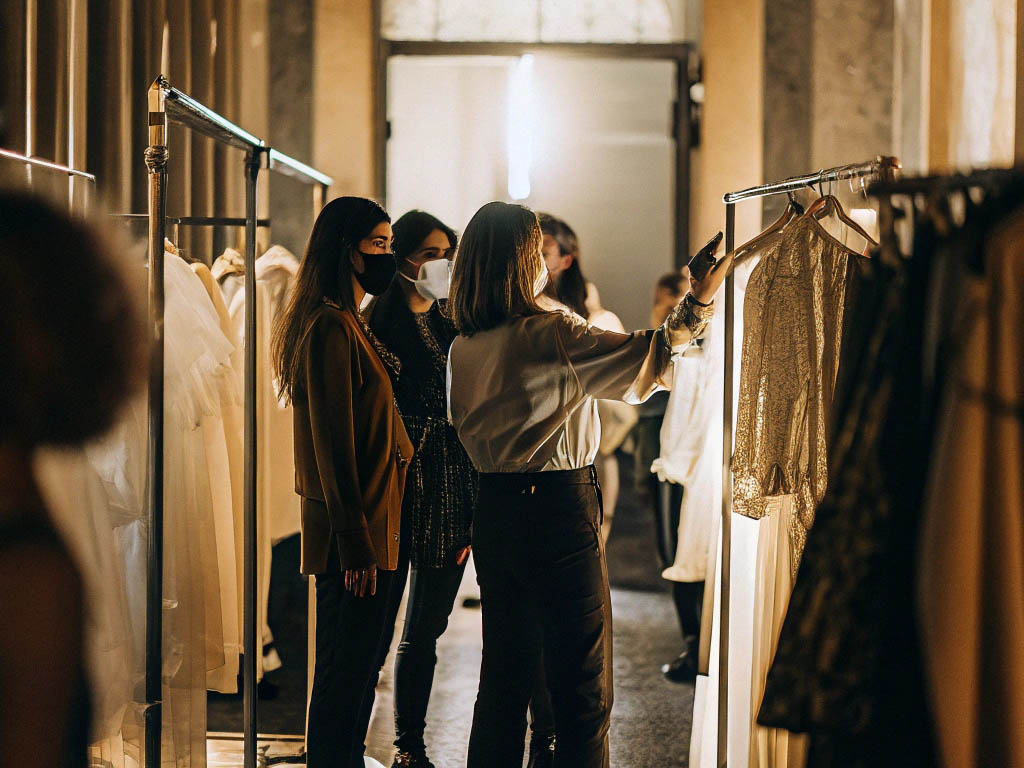 Women browsing elegant dresses in a boutique, with warm lighting enhancing the luxurious atmosphere.