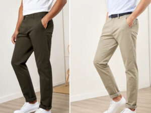 Two models wearing slim-fit chino pants in olive green and beige, paired with white sneakers.