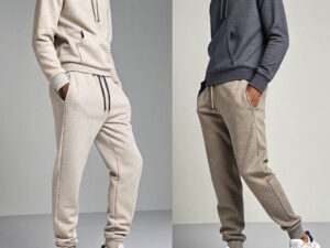 Two models wearing matching hoodies and joggers in beige and dark gray tones.