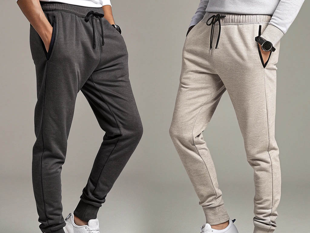 Two models wearing slim-fit jogger pants in dark gray and light beige with drawstrings.