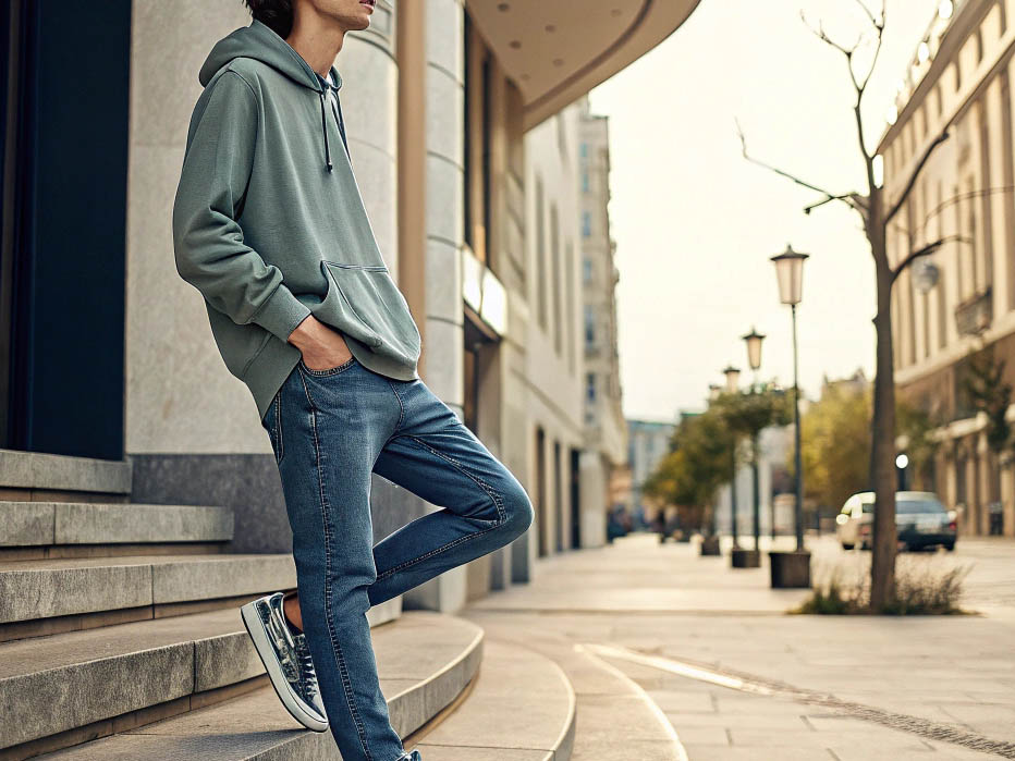 Young man in a green hoodie and jeans leaning against a building on a stylish city street.