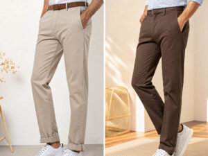 Two models wearing slim-fit chino pants in beige and dark brown, paired with belts and sneakers.