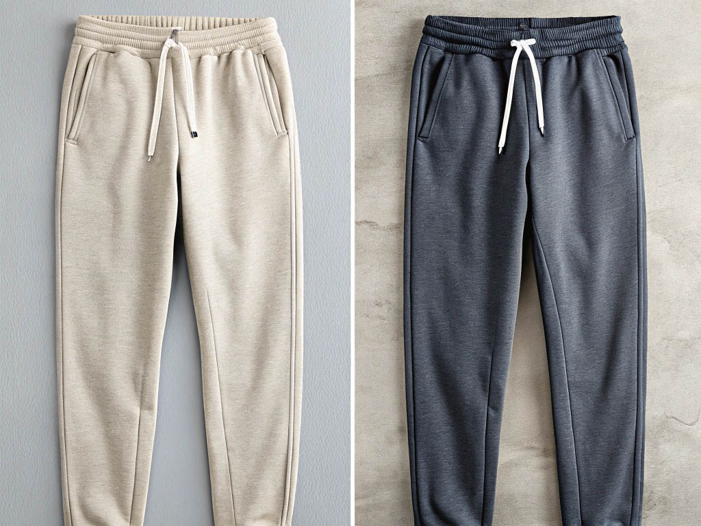 Two pairs of jogger sweatpants in beige and dark gray with white drawstrings, laid flat.