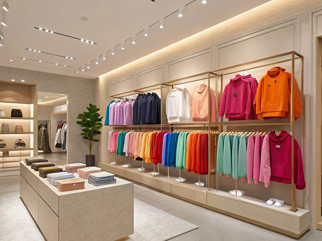 Stylish boutique with neatly arranged colorful hoodies and sweaters on racks and shelves.