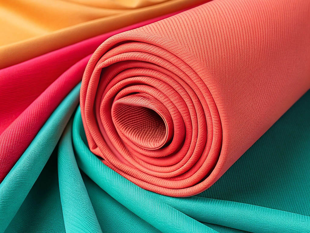 Vibrant rolled textiles in coral, teal, red, and orange, showcasing smooth texture and rich colors.