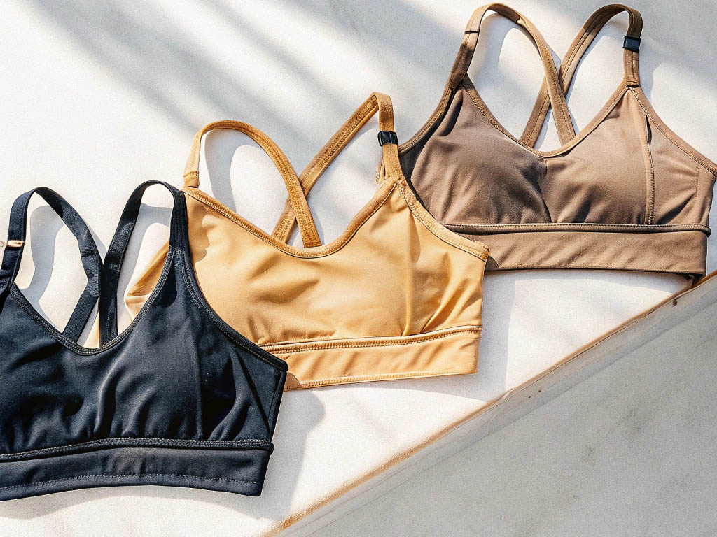 Three sports bras in black, mustard yellow, and brown with cross-back straps.