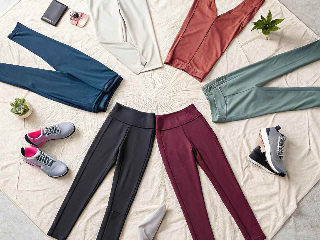 Assorted yoga pants in various colors arranged in a circle with athletic shoes.