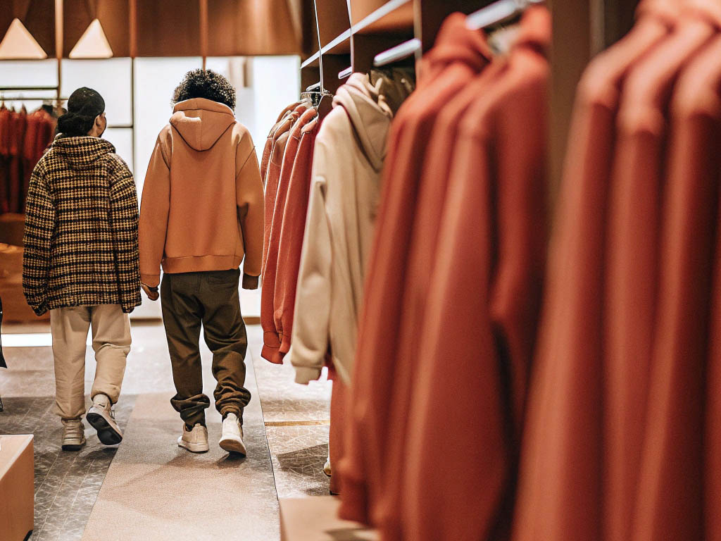 Two people in stylish hoodies browsing a warm-toned clothing store with neatly arranged jackets.