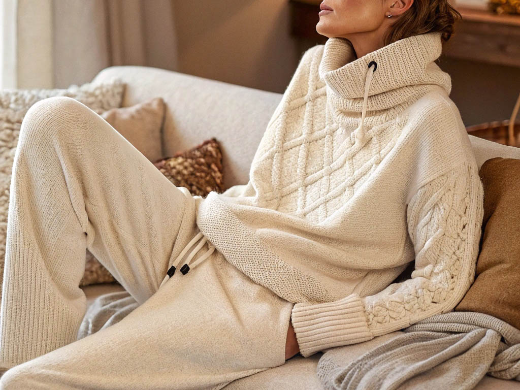 Woman lounging on a sofa wearing a thick cable-knit turtleneck sweater and matching knit pants in a warm, neutral-toned setting.