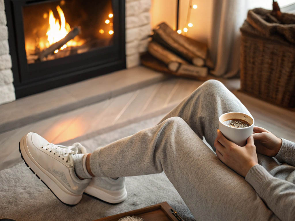 Person in soft loungewear and white sneakers enjoying a warm drink by the fireplace.