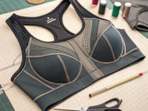 Dark green and black sports bra with stitching details placed on a design board with sewing tools.