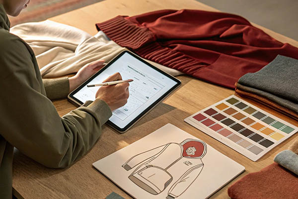 Designer working on a digital sketch of a hoodie with fabric swatches and color samples.