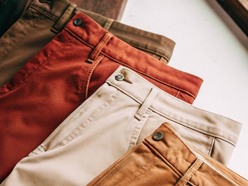 A collection of neatly arranged chino pants in beige, brown, and rust tones.