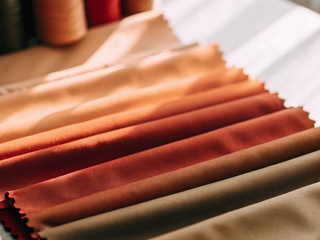 Folded fabric swatches in warm earth tones under sunlight with sewing threads in background.