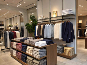 Stylish boutique with neatly arranged shirts, sweaters, and trousers on wooden racks and shelves.