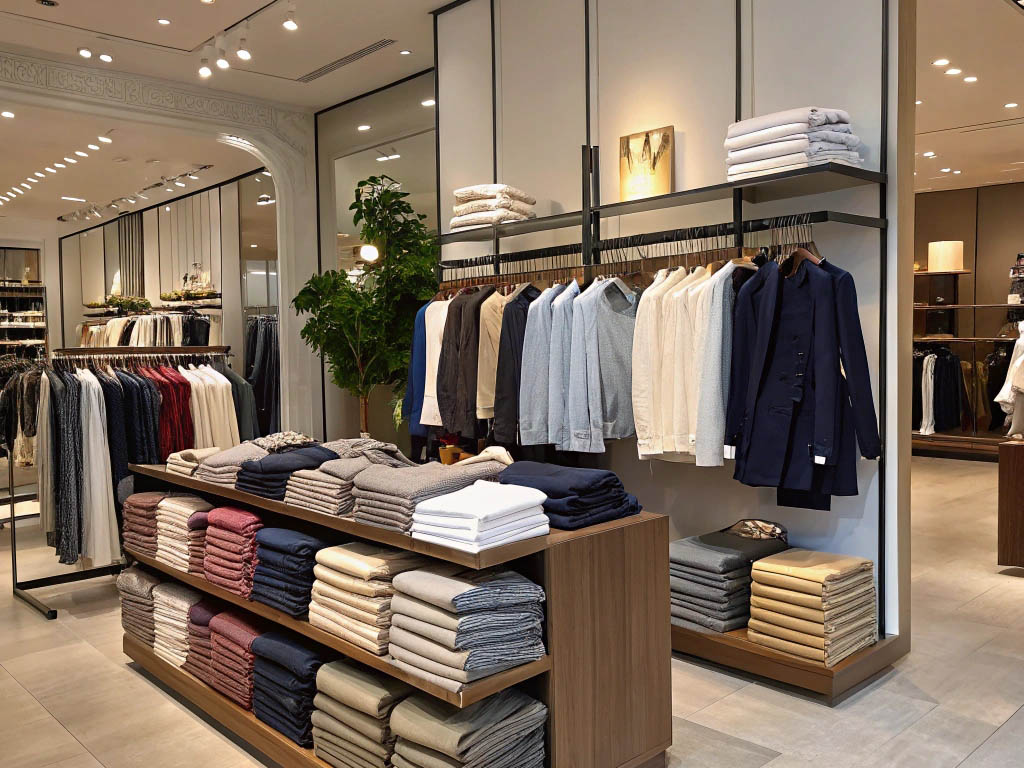 Stylish boutique with neatly arranged shirts, sweaters, and trousers on wooden racks and shelves.
