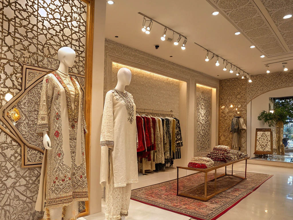 Luxury boutique showcasing embroidered traditional dresses on mannequins, with ornate decor and clothing racks.