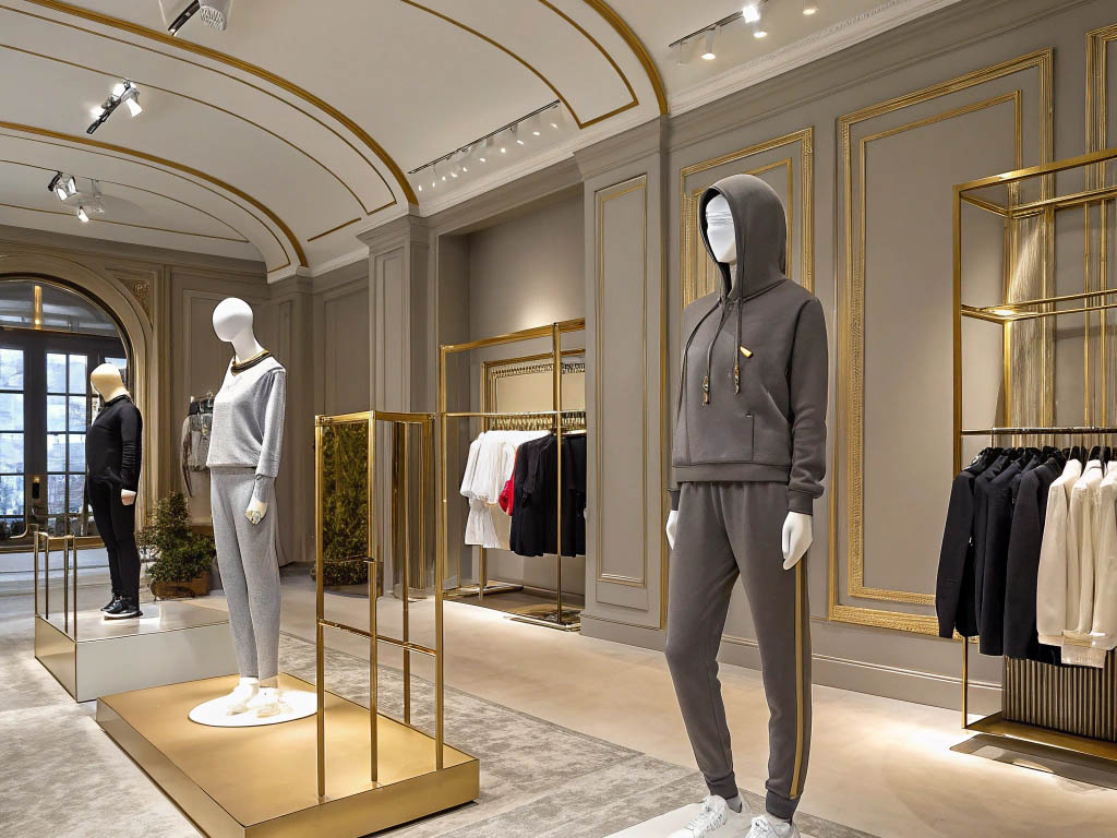 High-end fashion boutique with mannequins displaying stylish athleisure outfits.