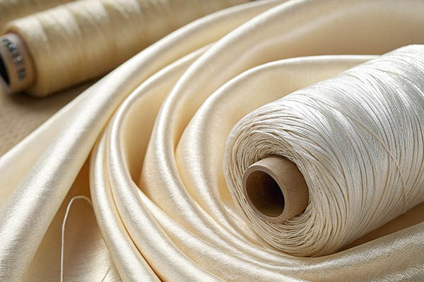 Soft, luxurious cream-colored silk fabric with matching spools of fine silk thread.