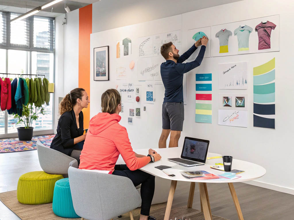 Team collaborating in a modern office, discussing sportswear designs and color palettes.