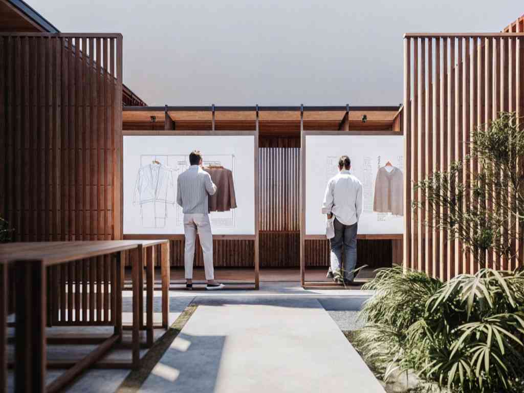 Two men analyzing garment sketches on outdoor display boards
