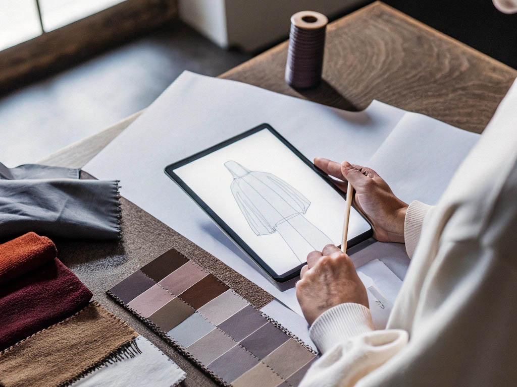 Designer sketching a clothing design on a tablet with fabric samples nearby.