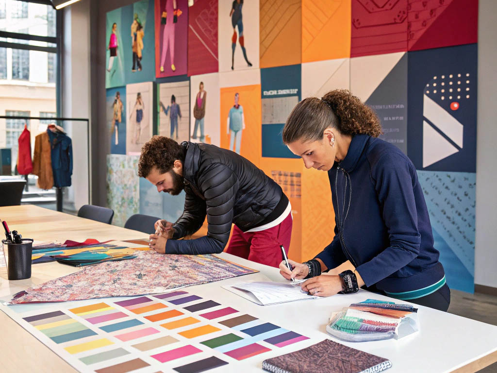 Designers working on fabric samples and color palettes in a creative fashion studio with mood boards.