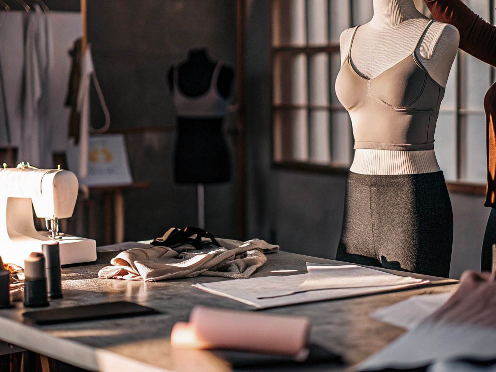 Sewing workspace with mannequin, fabric, patterns, and a sewing machine.