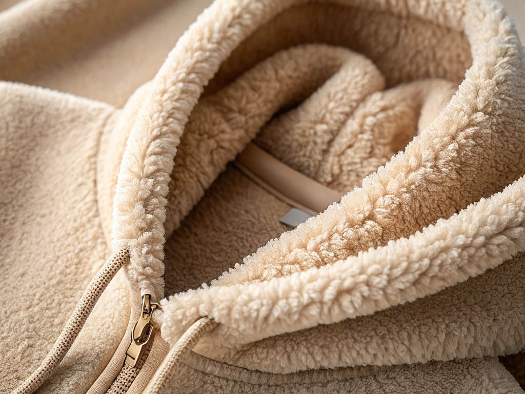 Beige fleece hoodie with a soft, plush texture and gold zipper details.