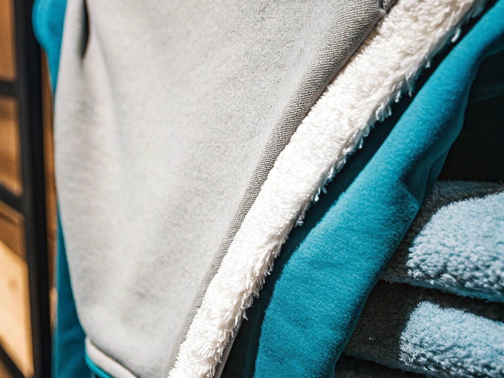 Close-up of fleece-lined hoodies in gray and teal, showing soft inner lining and fabric texture.