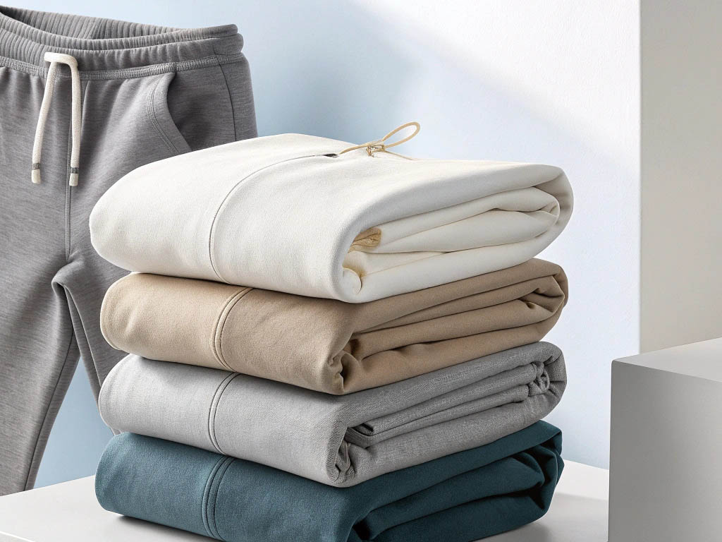 A neatly stacked pile of hoodies and sweatpants in neutral and muted tones, with gray joggers hanging in the background.