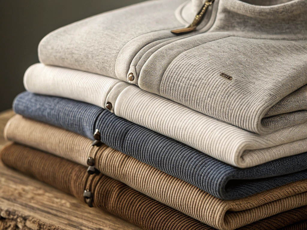 Neatly stacked knit sweaters in neutral tones, featuring ribbed textures and zipper details on a wooden surface.