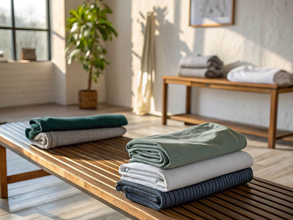 Neatly folded knitwear in muted tones on wooden bench in sunlit room.